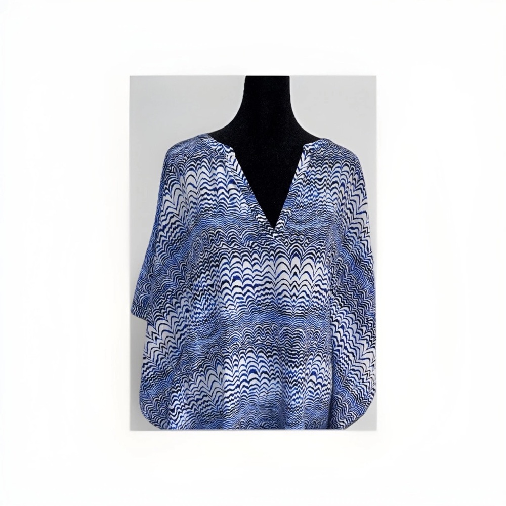 Trina Turk 100% Silk Blue Waves Beach Cover Up/V-Neck Dress w/Dolman Sleeve SZ 4 - Picture 2 of 5